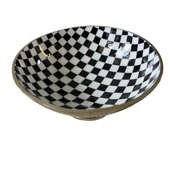 Black & White Checkered Enameled Gold Metal Bowl 10" Made in India NEW - Picture 8 of 16